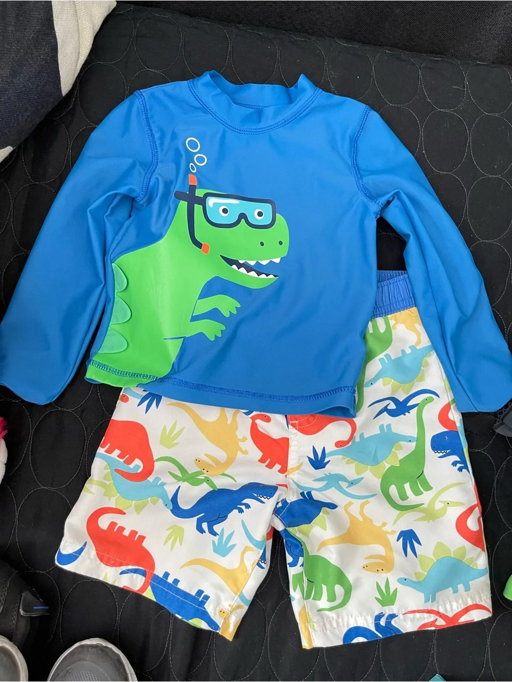 Little Me Blue & Green Dino Rashguard Swim Set with Multi-Color Dino Shorts